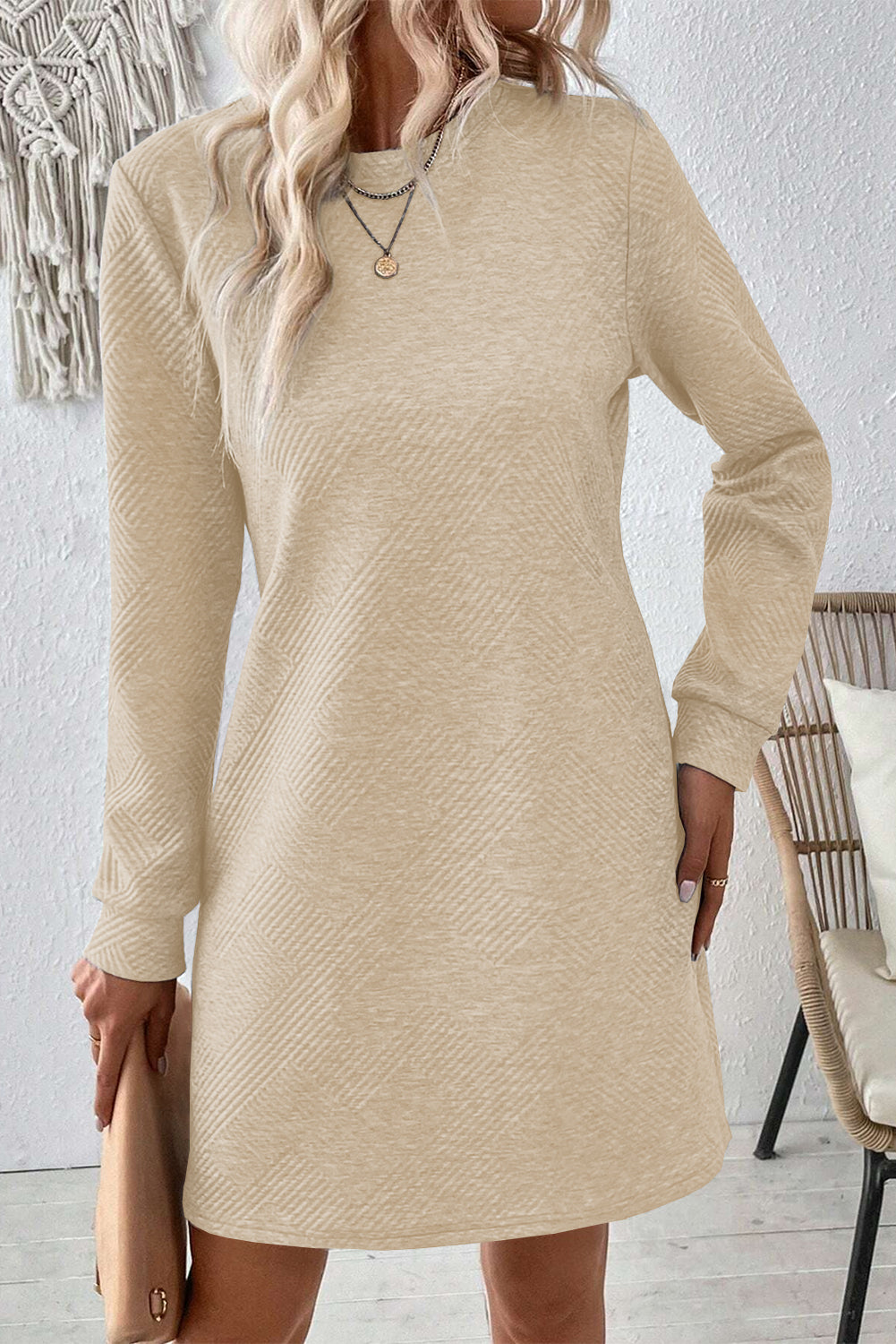 Apricot Plain Textured Long Sleeve Shift Short Dress