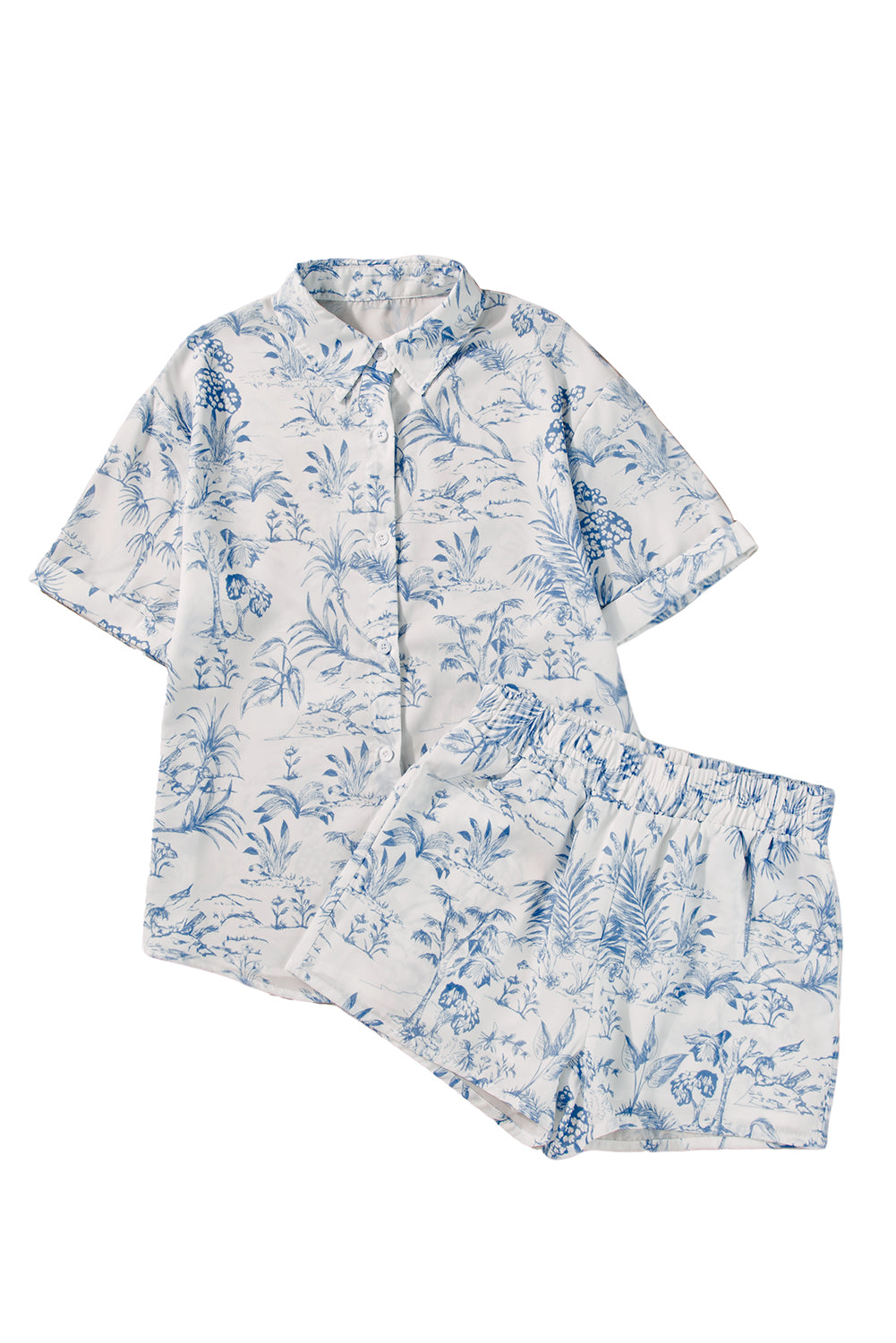 Sky Blue Tropical Print Button-Up Shirt & Shorts Lounge Set