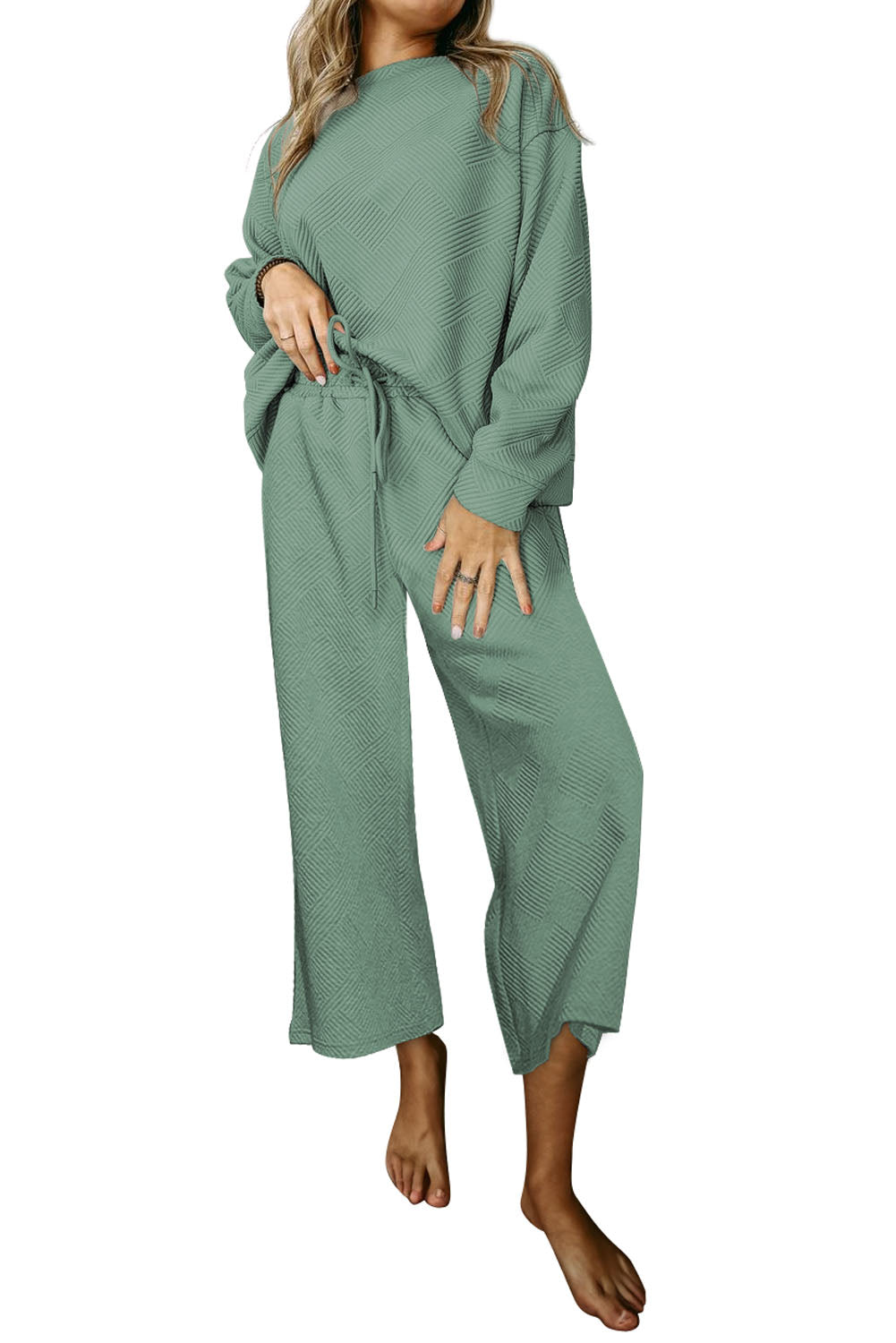 Grass Green Textured Loose Slouchy Long Sleeve Top and Pants Set