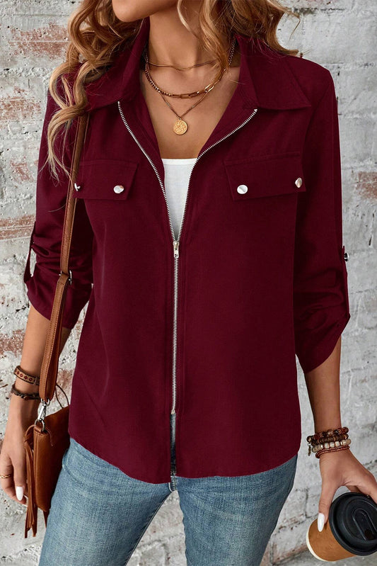 Red Dahlia Collar Tab Sleeve Zip Up Jacket