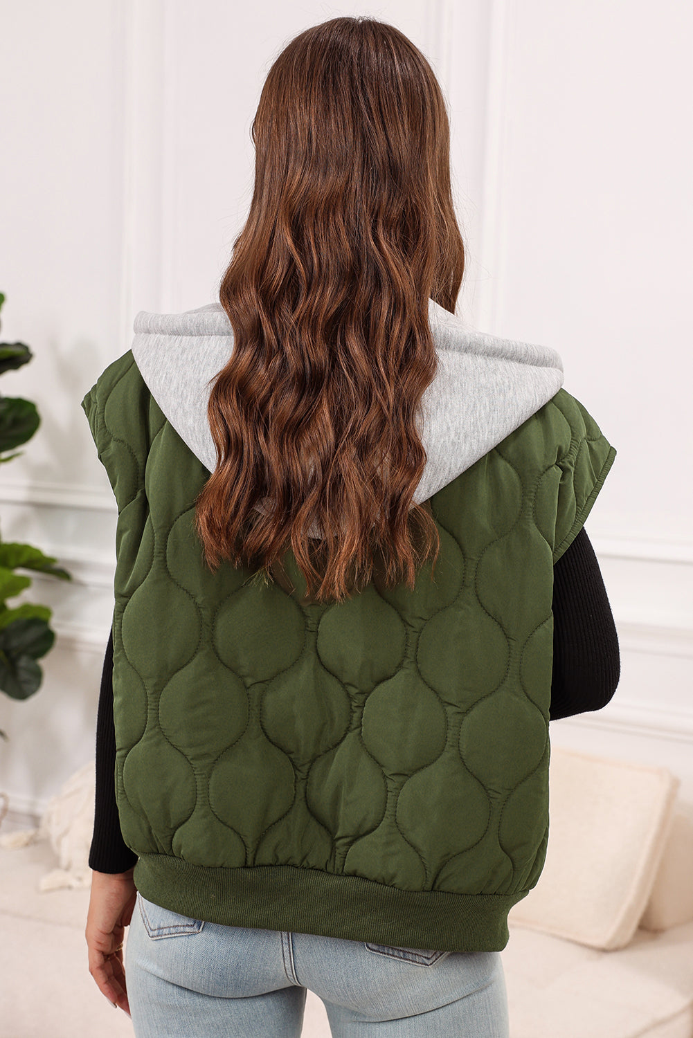 Jungle Green Quilted Drawstring Hooded Zip Up Puffer Vest