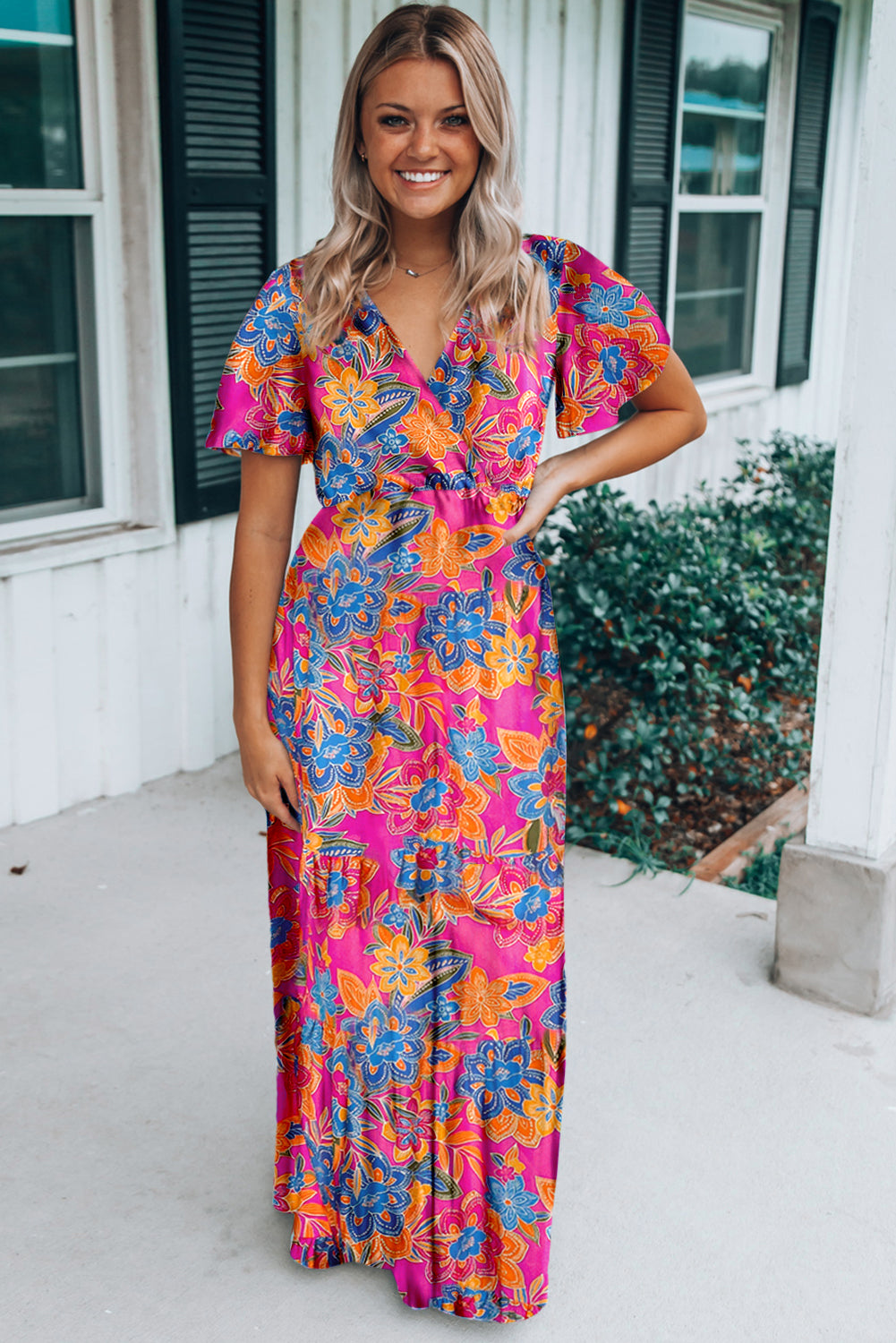 Abstract Print Wrap V Neck Flutter Sleeve Mid Length Dress