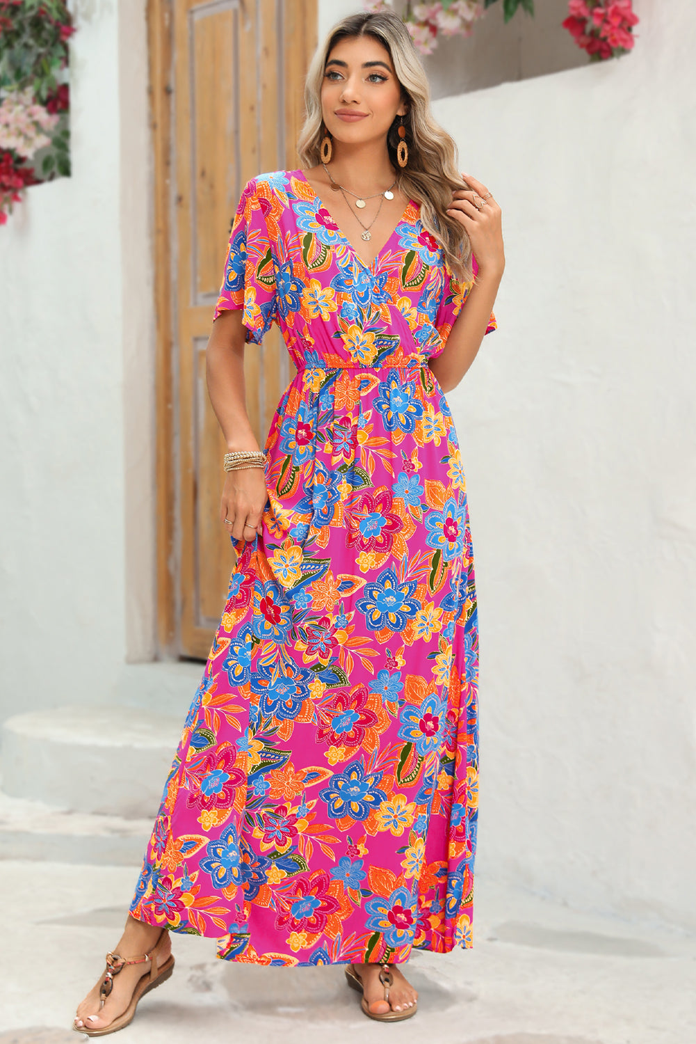 Abstract Print Wrap V Neck Flutter Sleeve Mid Length Dress