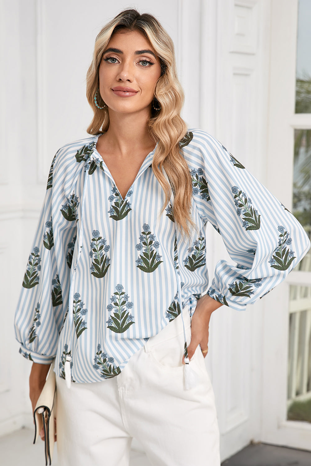 Beau Blue Floral Striped Tie V Neck Long Sleeve Blouse