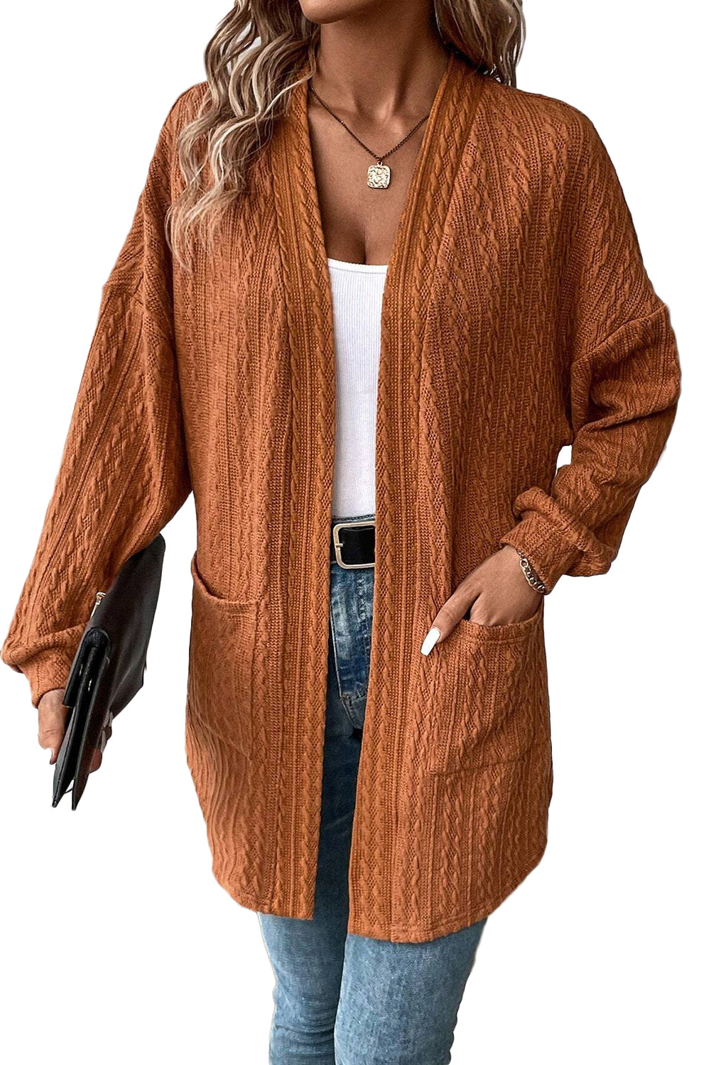 Canton Textured Knit Side Pockets Open Front Cardigan