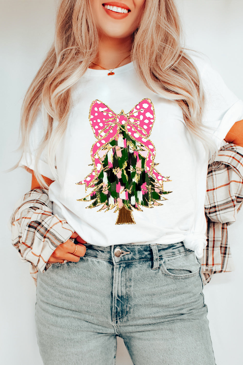 White Glittering Bowknot Christmas Tree Graphic Crewneck Tee