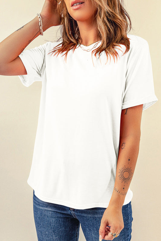 White Solid Color Basic Crew Neck Plain Tee