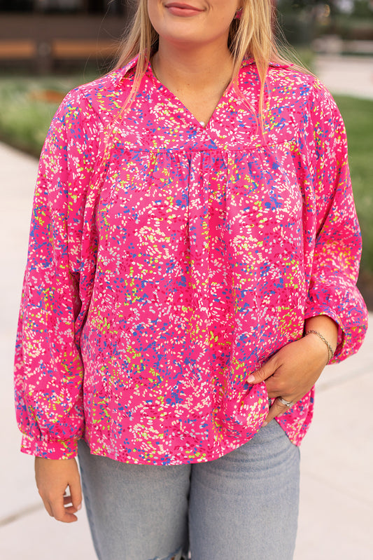 Purple Abstract Print Puff Sleeve V Neck Plus Size Blouse