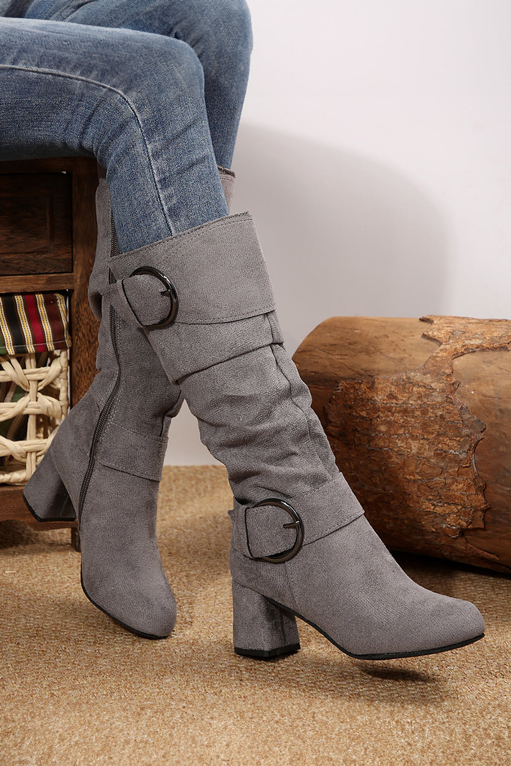 Coffee Suede Double Buckled Side Zipped Mid-calf Boots