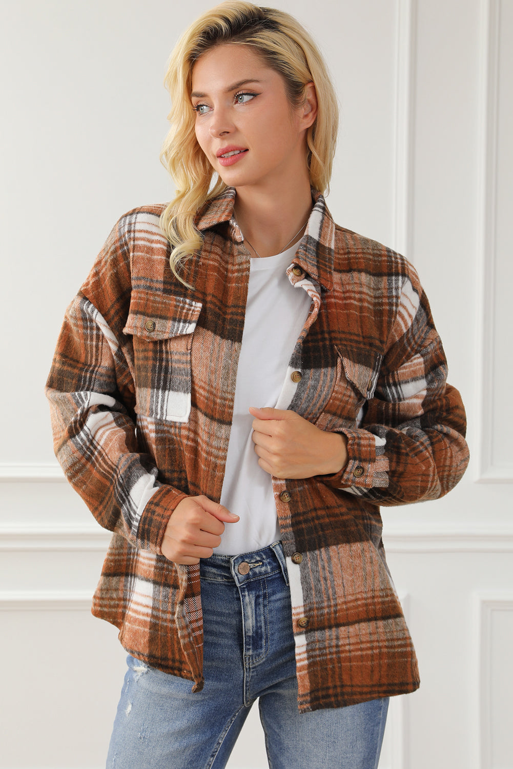 Gold Flame & Grey Plaid Button Up Collared Flannel Shacket