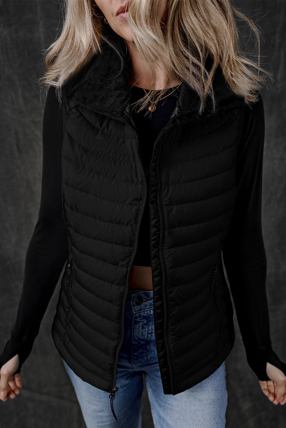 Silvery Plush Collared Quilted Zipped Puffer Vest