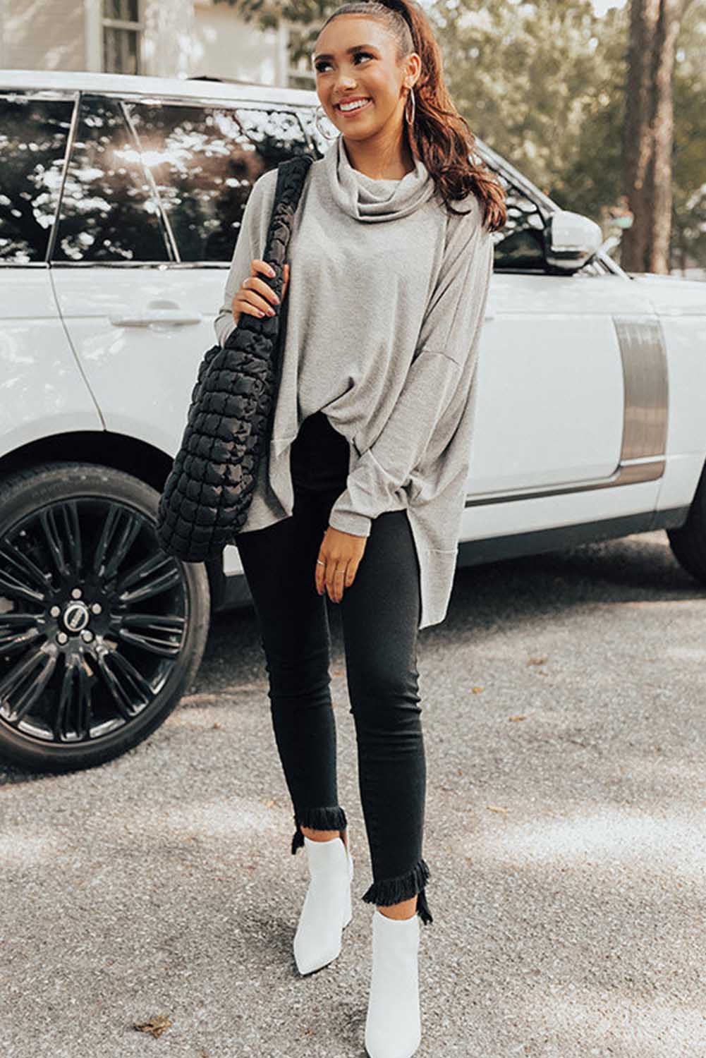 Black Cowl Neck Loose Fit Tunic Long Sleeve Top