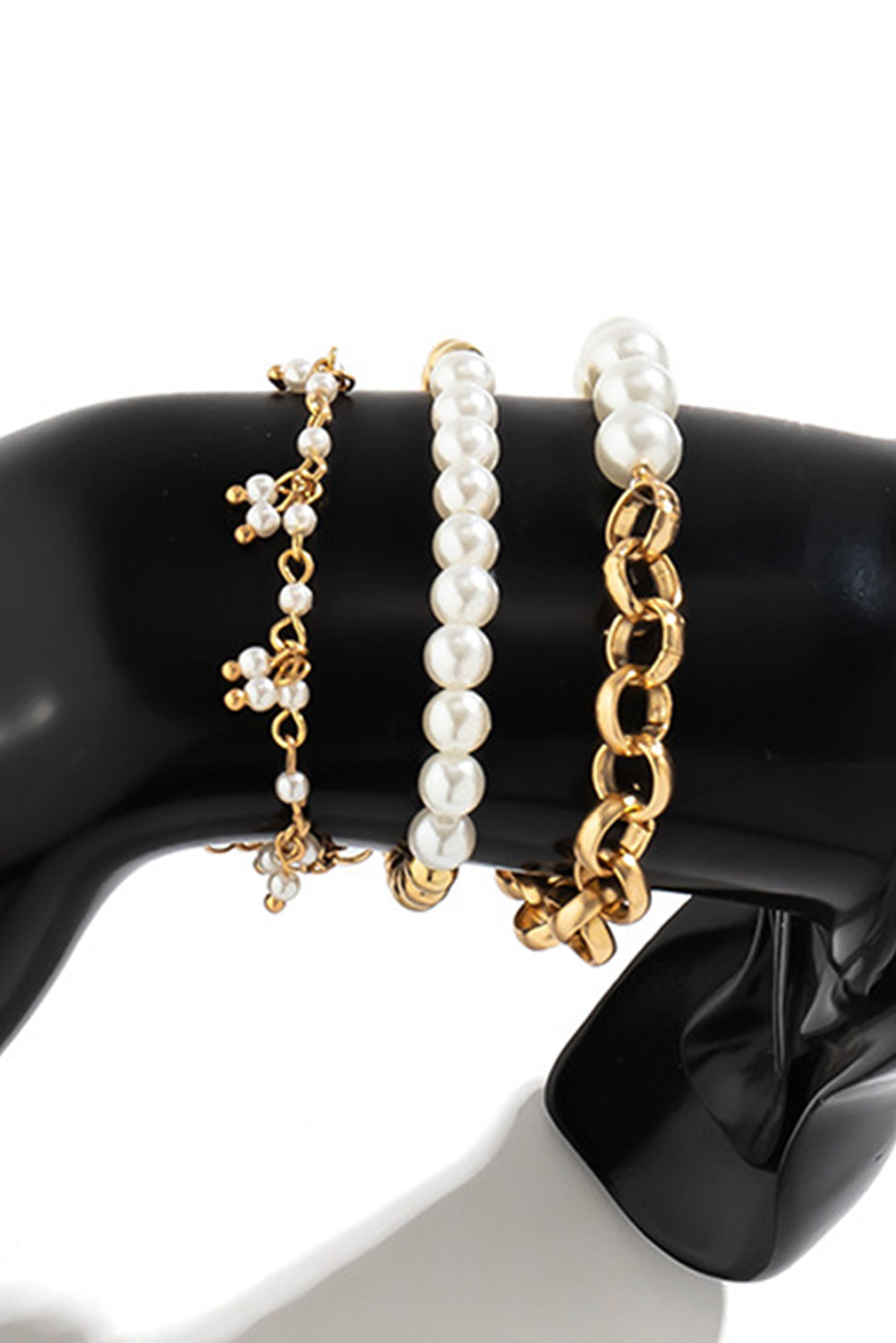 Gold 3pcs Pearl Pleated Alloy Beaded Bracelet Set