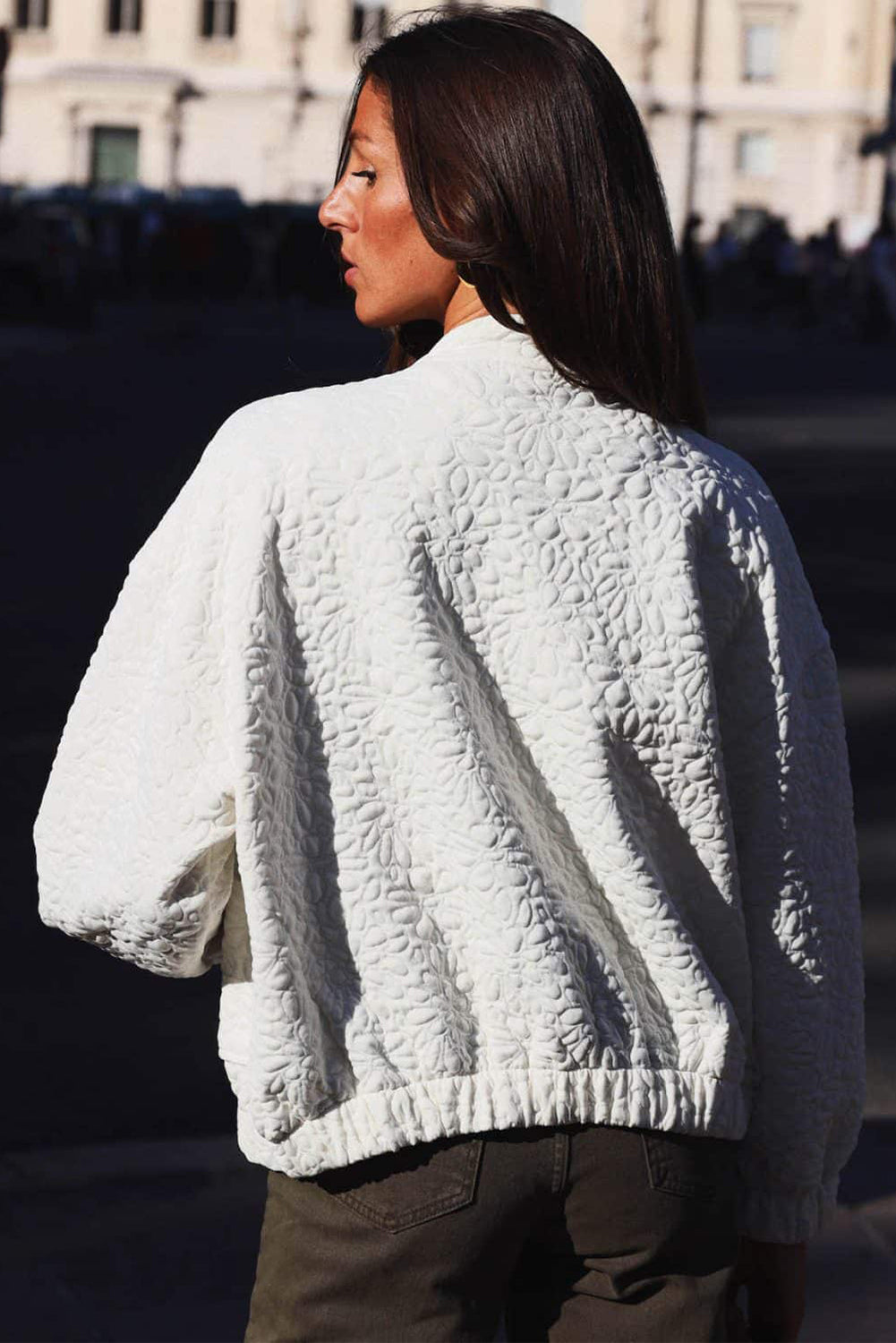 Light French Beige Plain Floral Embossed Zip Up Jacket