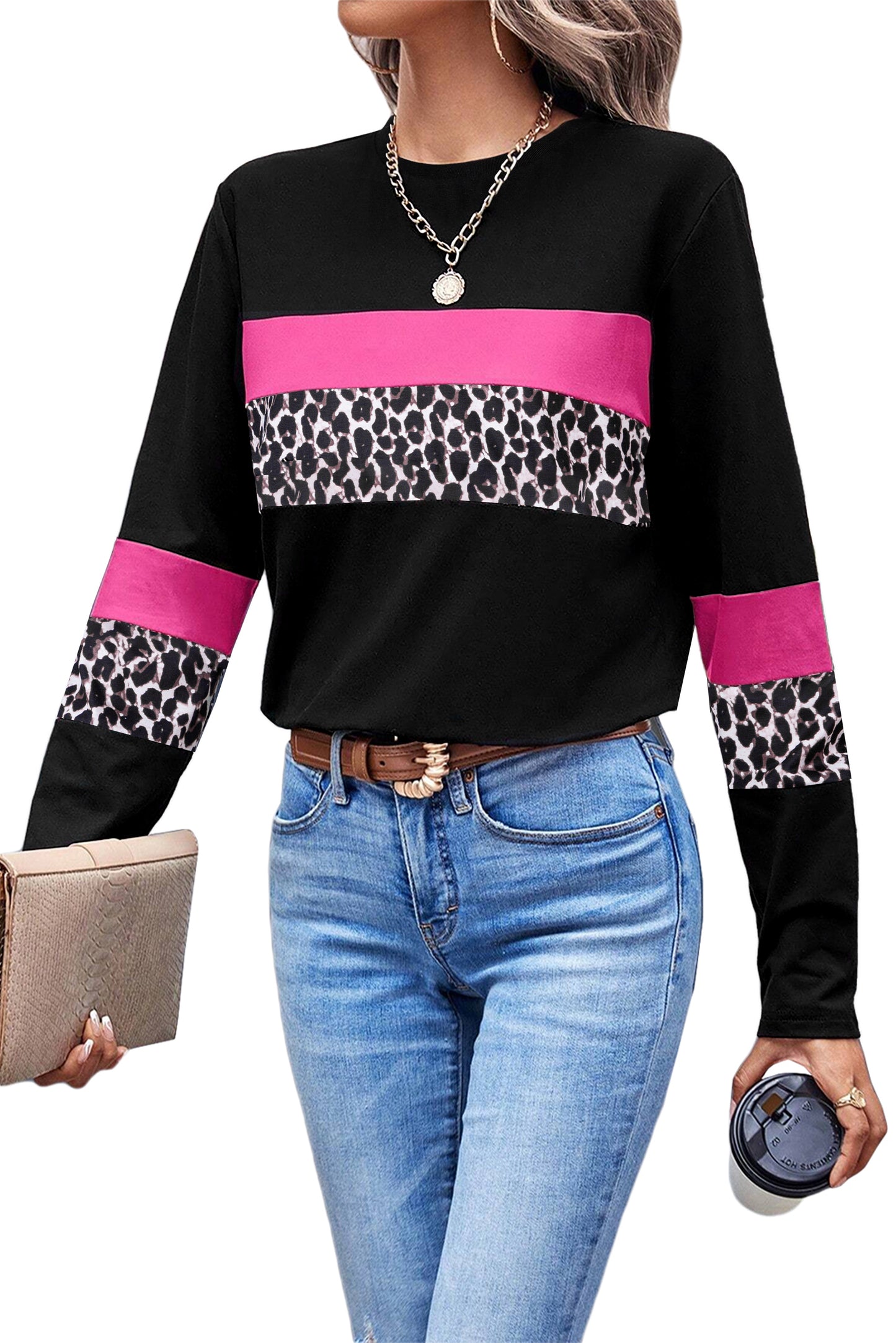 Rose Leopard Colorblock Patchwork Crew Neck Top