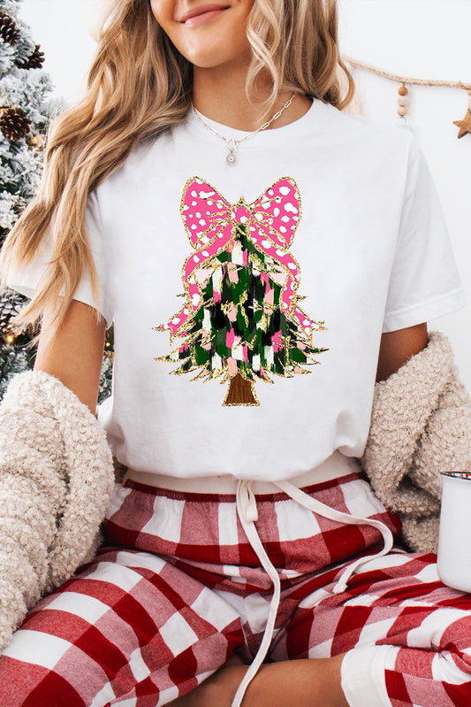 White Glittering Bowknot Christmas Tree Graphic Crewneck Tee