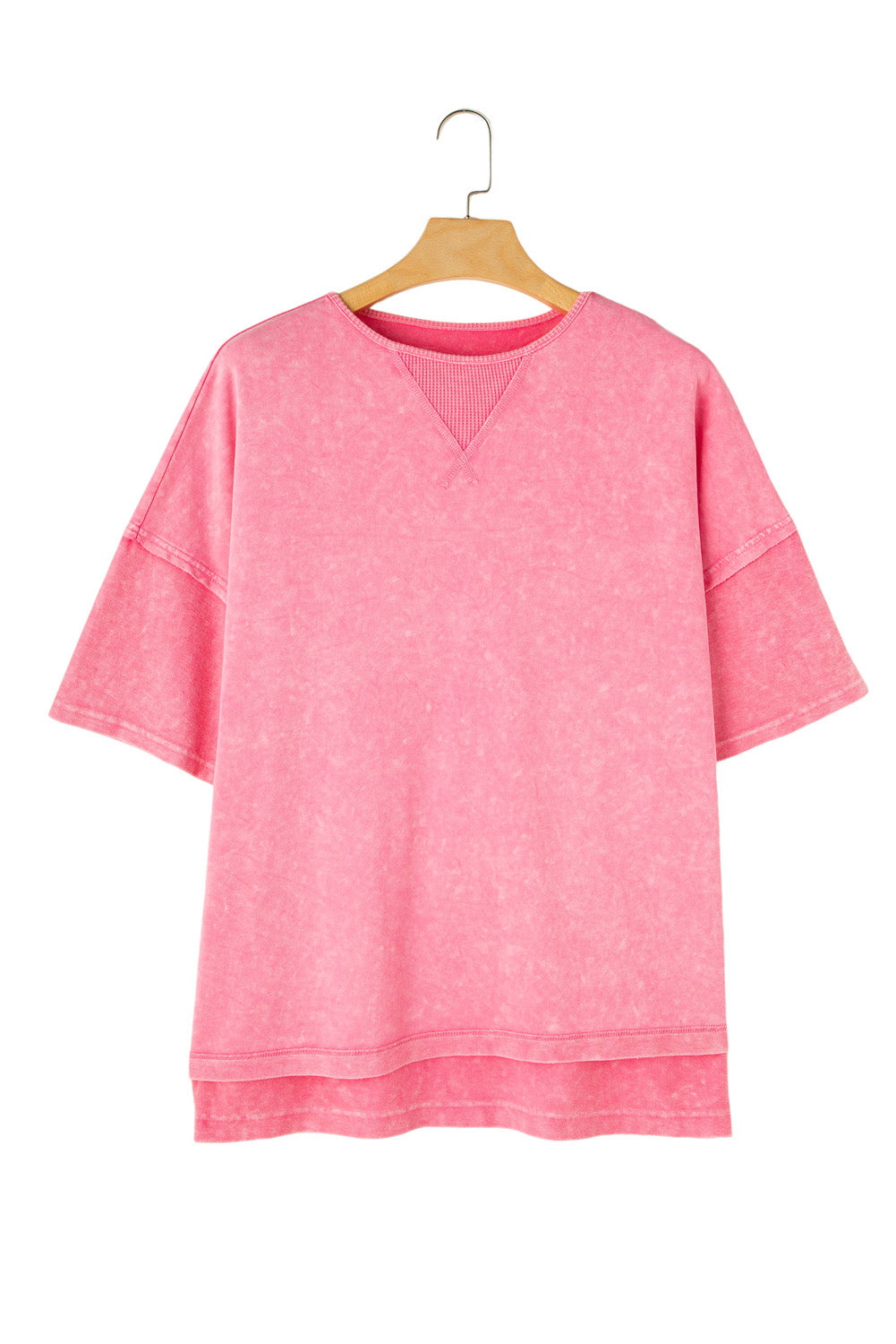 Strawberry Pink Mineral Wash Drop Sleeve Patchwork Plus Size Tee