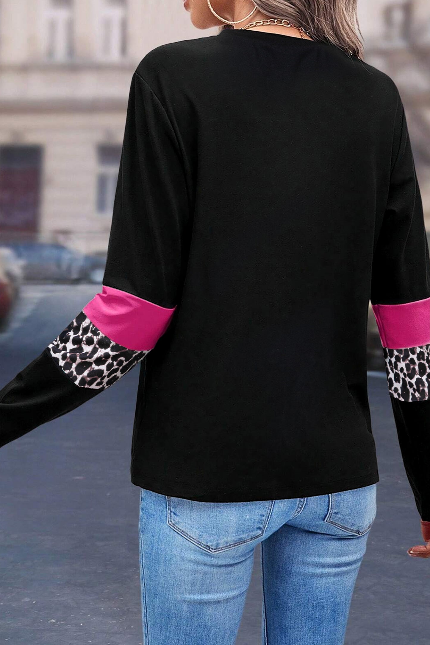 Rose Leopard Colorblock Patchwork Crew Neck Top