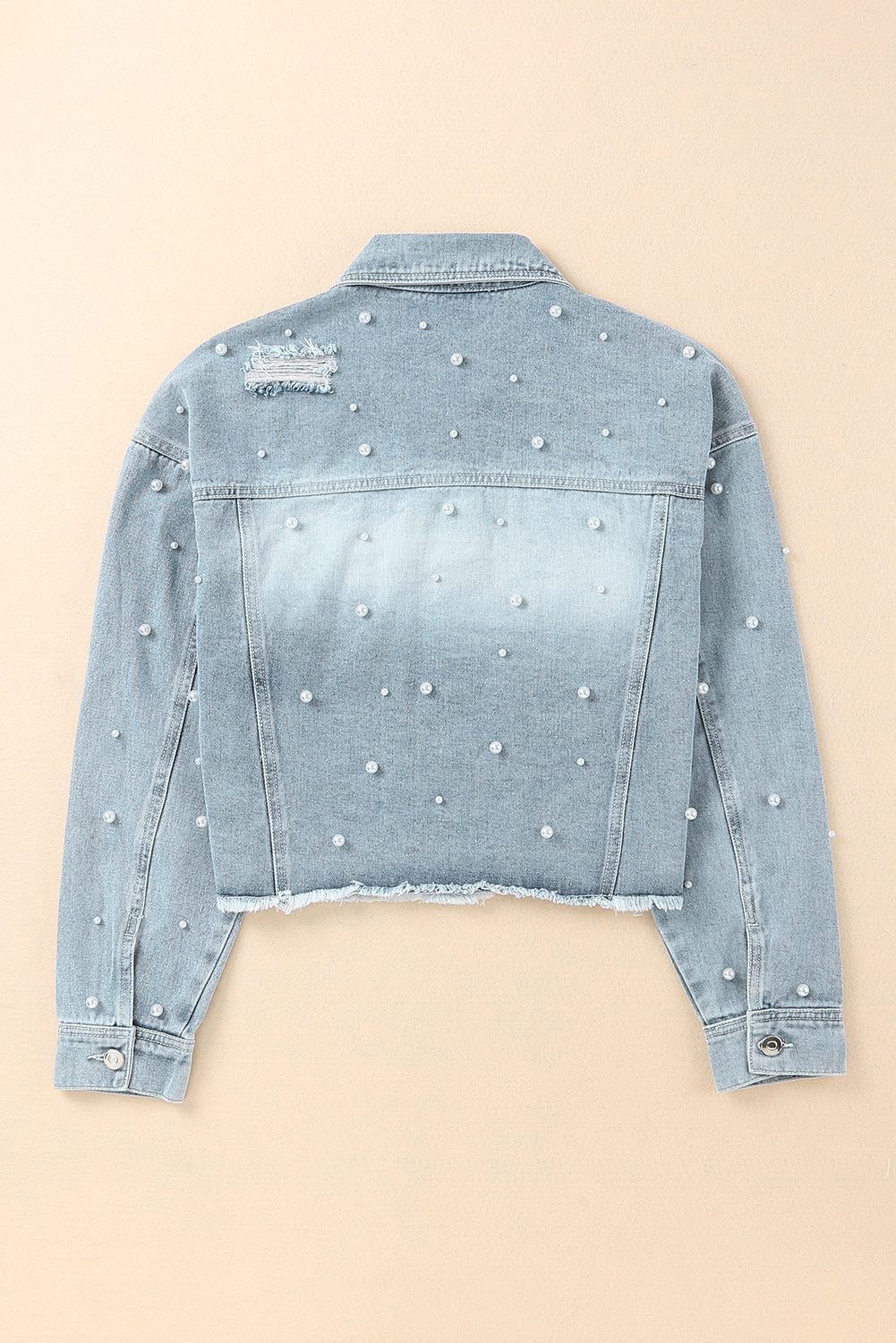 Sky Blue Pearls Beading Cropped Denim Jacket