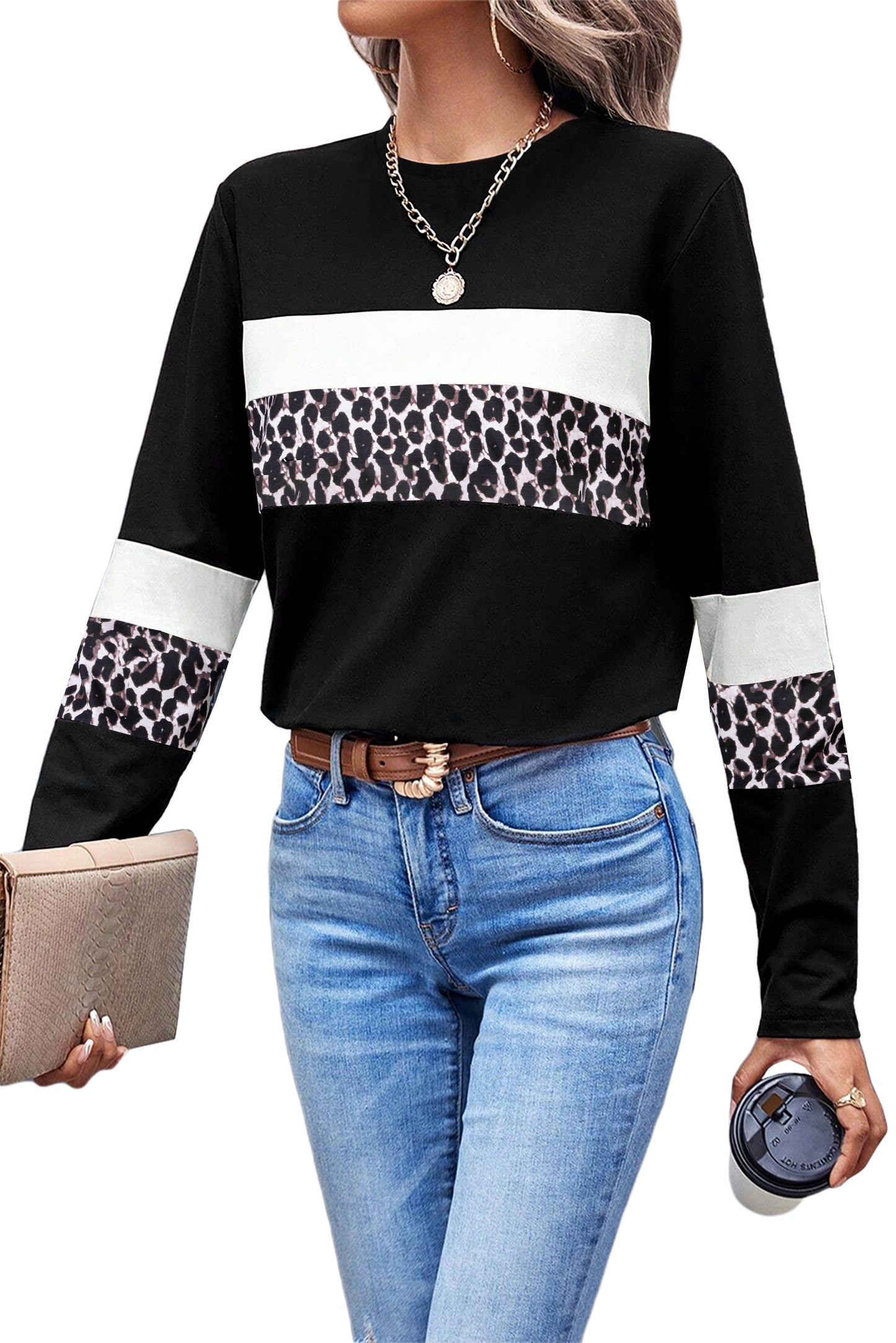 Rose Leopard Colorblock Patchwork Crew Neck Top