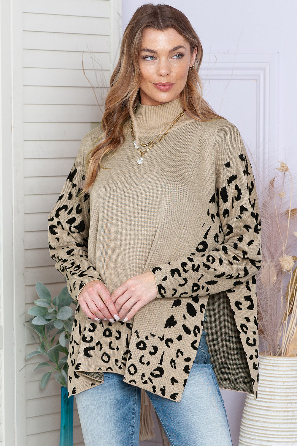 Gray Leopard Casual Side Slit High Neck Oversized Sweater