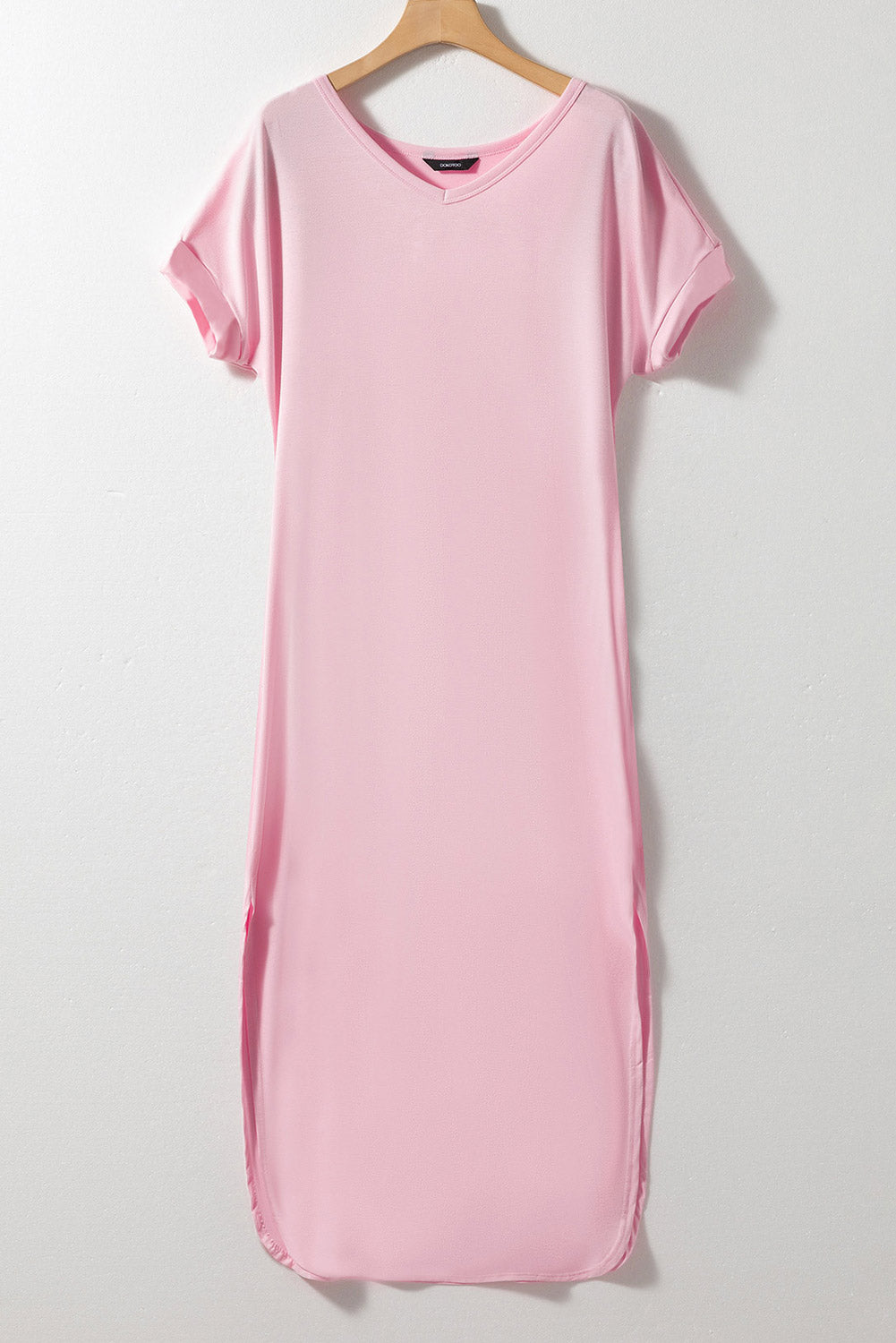 Pink Solid Color Hidden Pocket V Neck Slit Maxi Dress