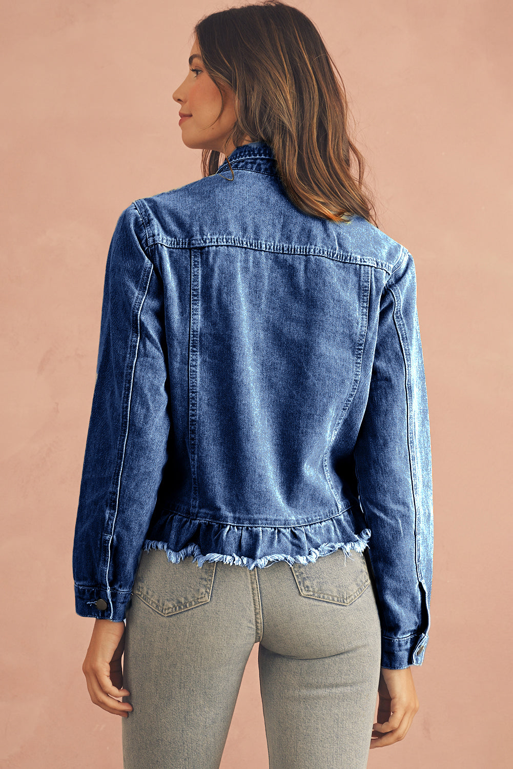 Beau Blue Ruffle Raw Hem Flap Pockets Denim Jacket