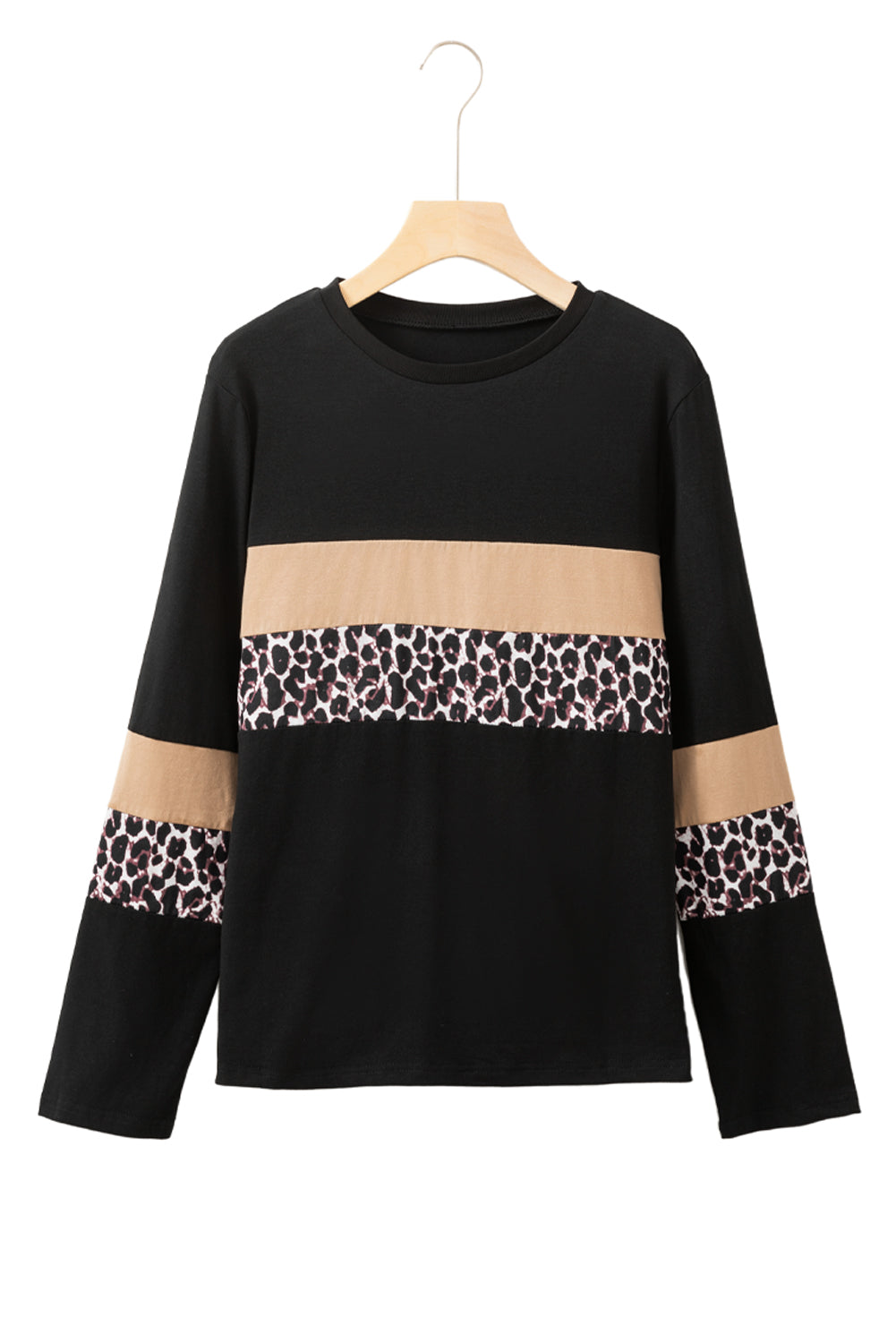 Rose Leopard Colorblock Patchwork Crew Neck Top