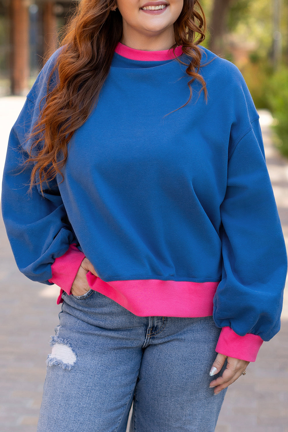 Sky Blue Color Block Edge Balloon Sleeve Plus Size Sweatshirt