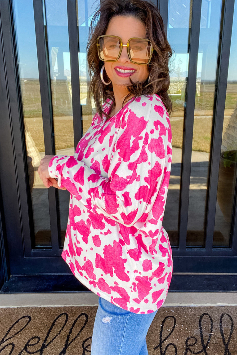 Rose Animal Print Long Sleeve V Neck Plus Size Top