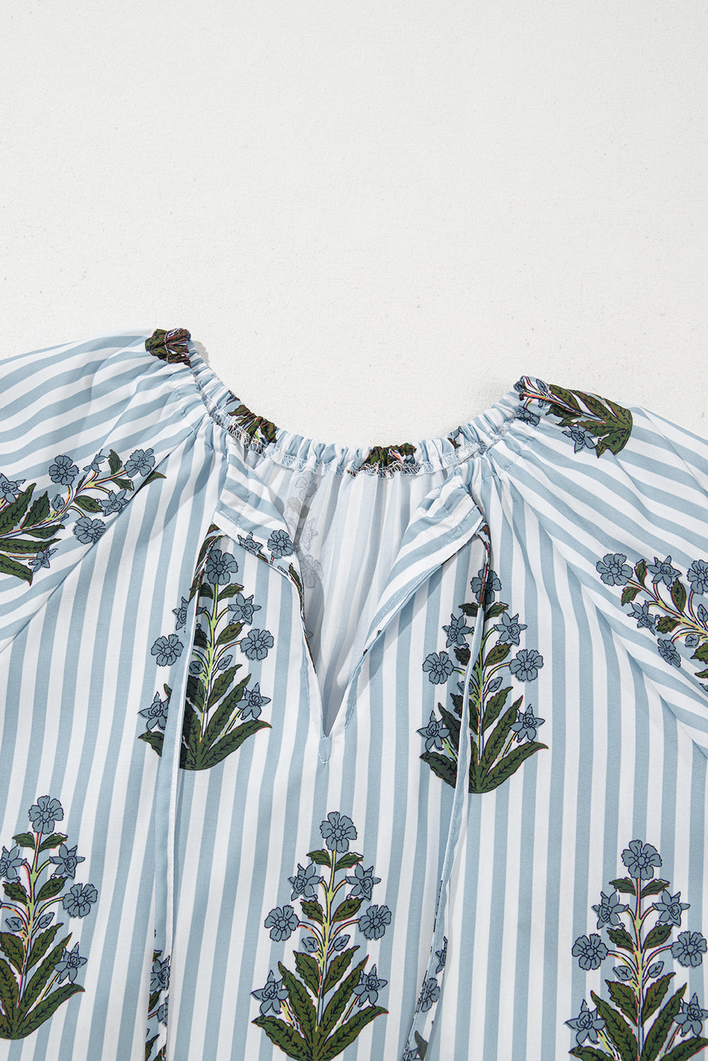 Beau Blue Floral Striped Tie V Neck Long Sleeve Blouse