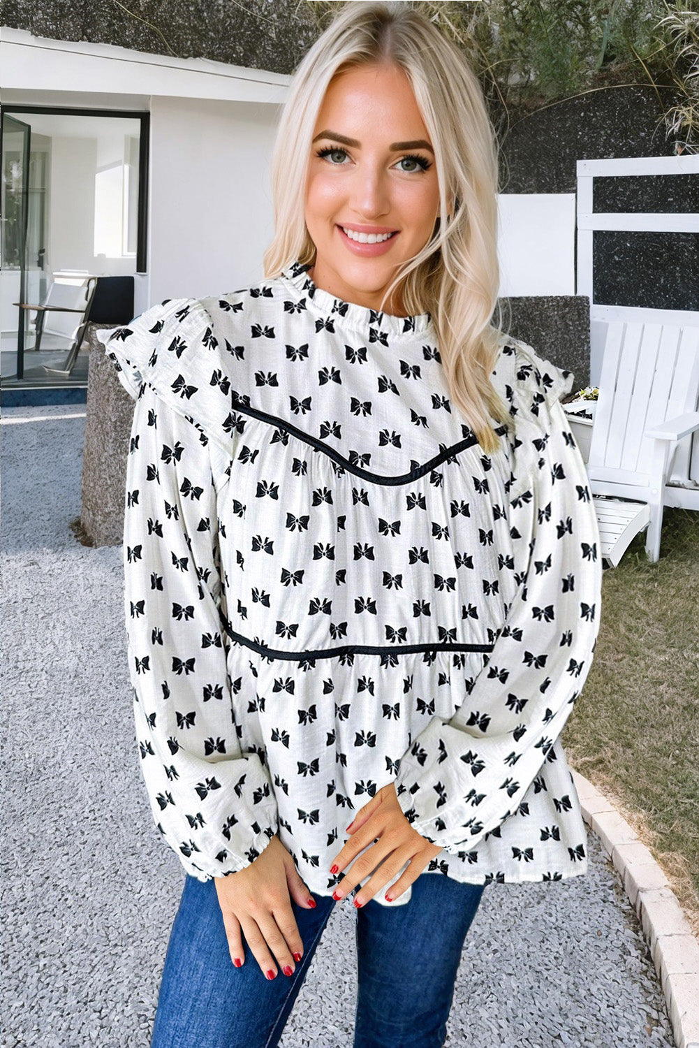 White Bowknot Print Frill Crew Neck Flowy Blouse