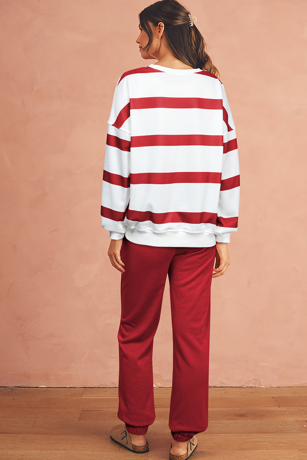 Red Striped Drop Shoulder Pullover and Joggers Set