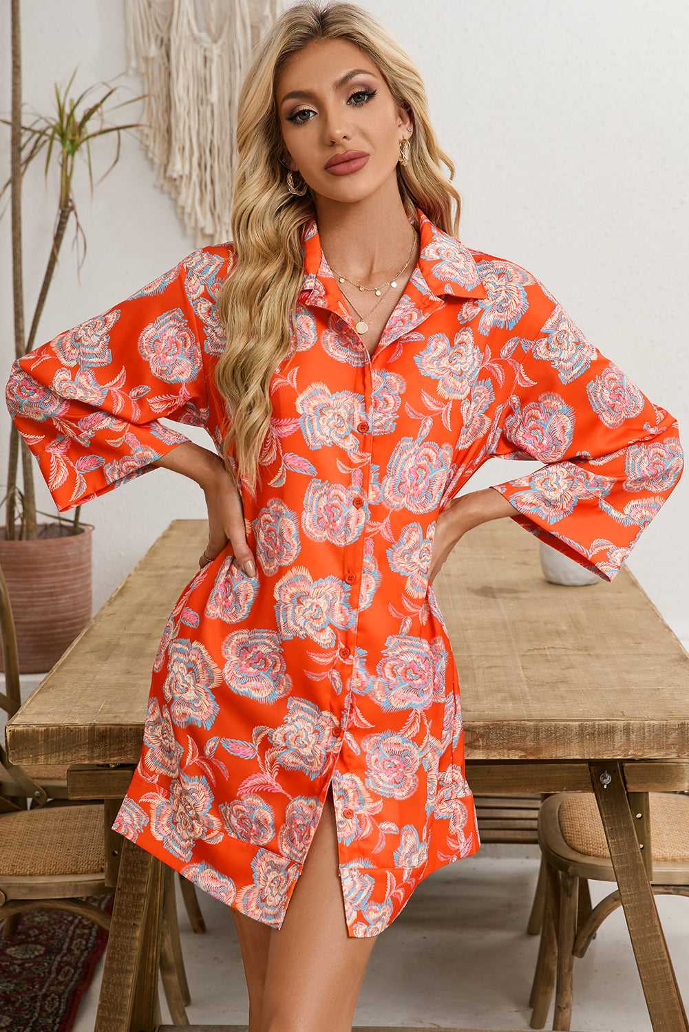 Red Floral Print Lapel Collar Loose Shirt Mini Dress