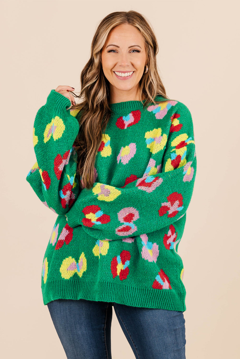 Green Plus Size Floral Knitted Drop Shoulder Sweater