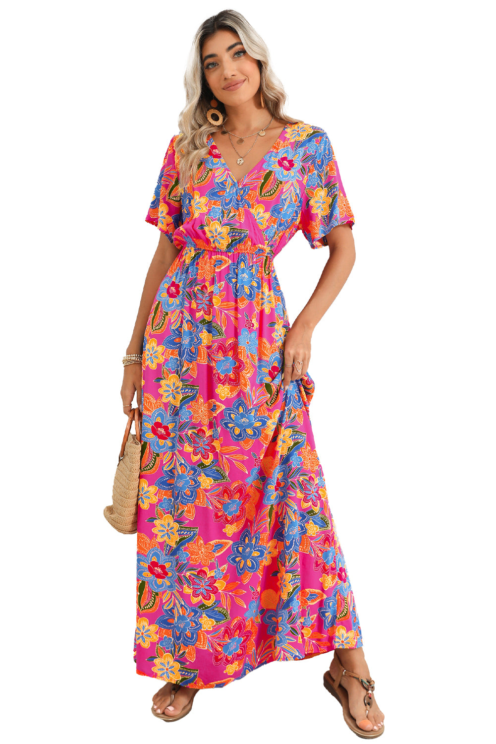 Abstract Print Wrap V Neck Flutter Sleeve Mid Length Dress