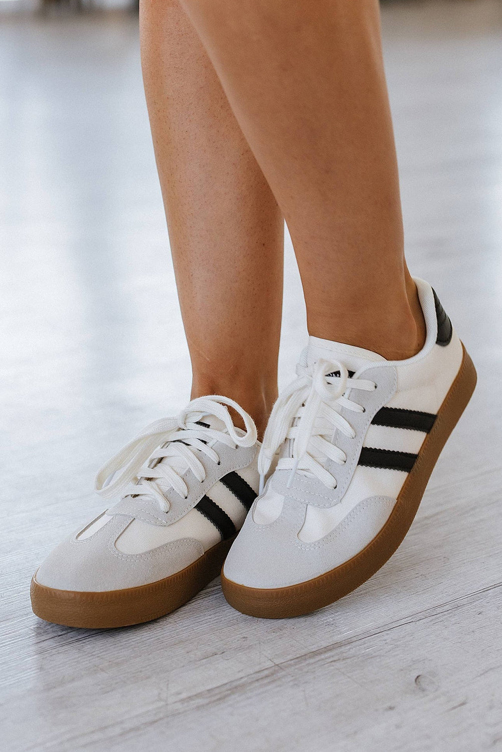 White Striped Lace Up Flat Sneakers