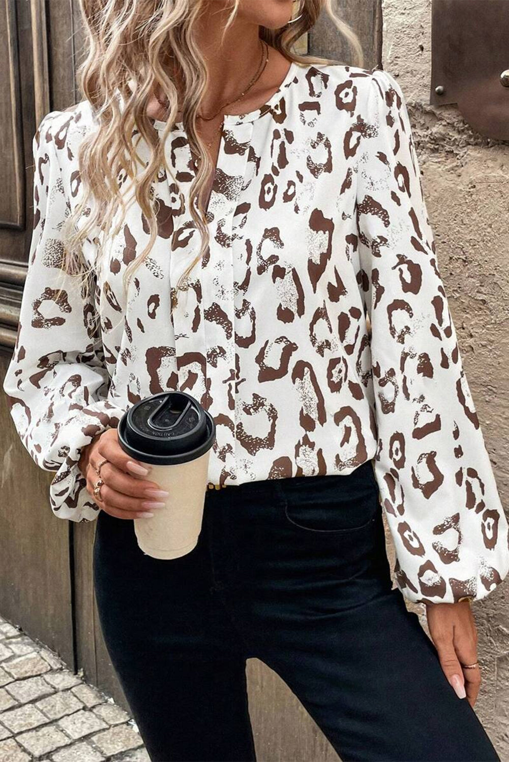 Khaki Leopard Print Split Neck Balloon Sleeve Blouse