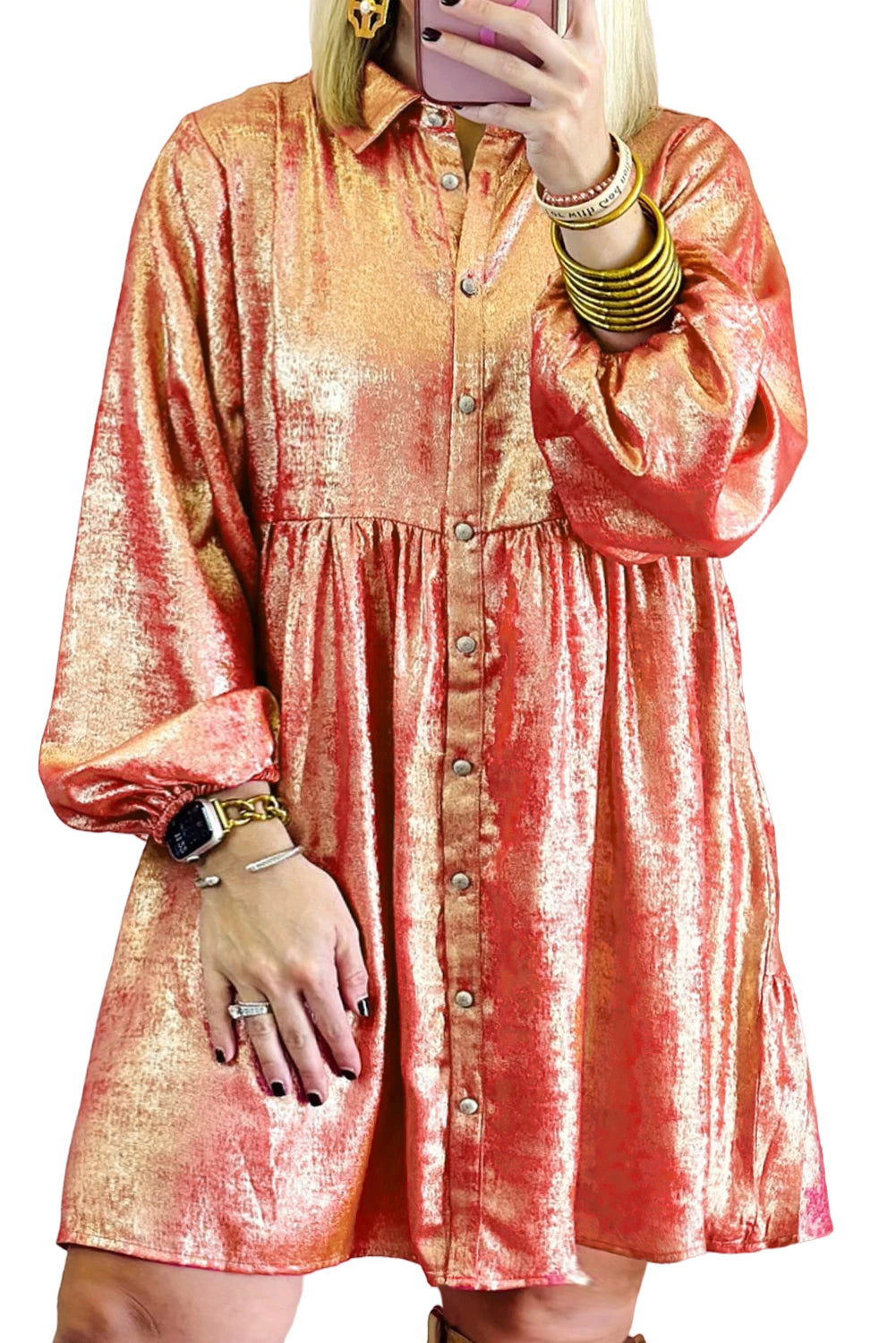 Peach Blossom Metallic Button-up Balloon Sleeve Plus Size Mini Dress