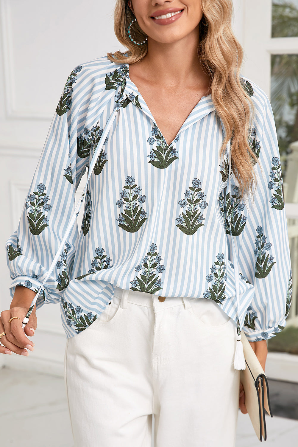 Beau Blue Floral Striped Tie V Neck Long Sleeve Blouse