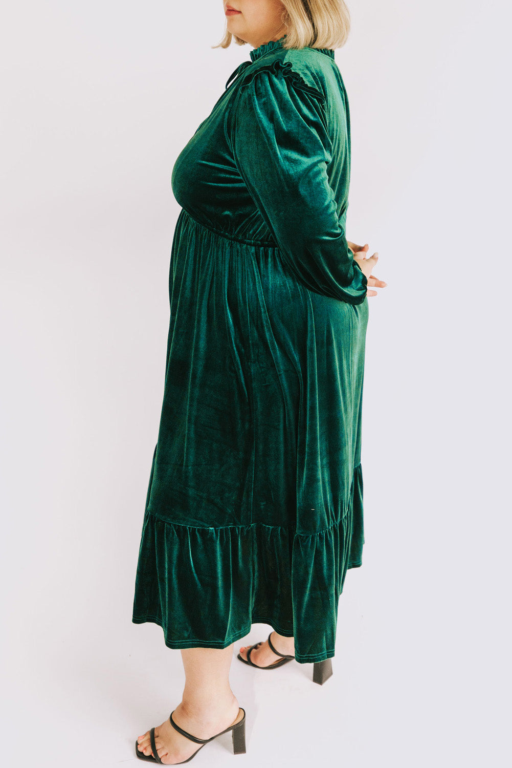 Blackish Green Frill Neck Velvet High Waist Plus Size Dress