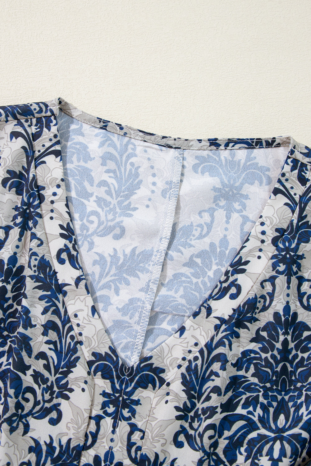 Blue Bohemian Print V Neck Flounce Sleeve Blouse