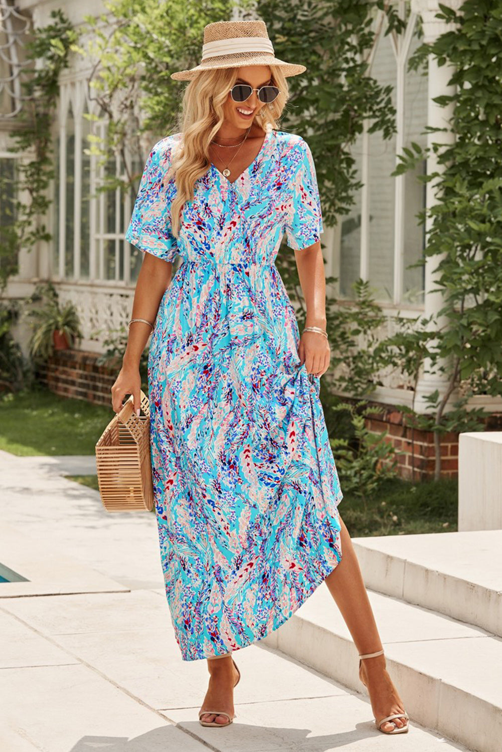 Abstract Print Wrap V Neck Flutter Sleeve Mid Length Dress