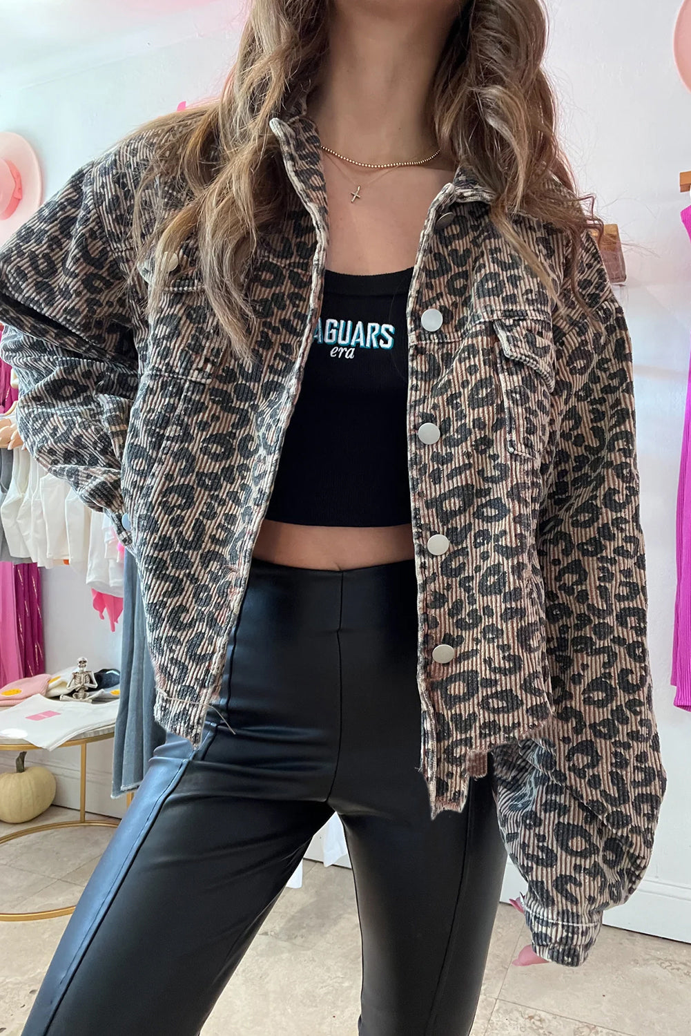 Dark Khaki Leopard Print Raw Hem Cropped Jacket