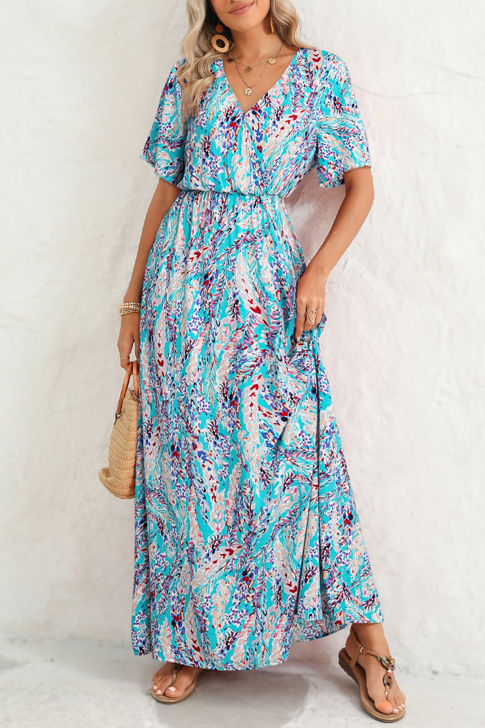 Abstract Print Wrap V Neck Flutter Sleeve Mid Length Dress