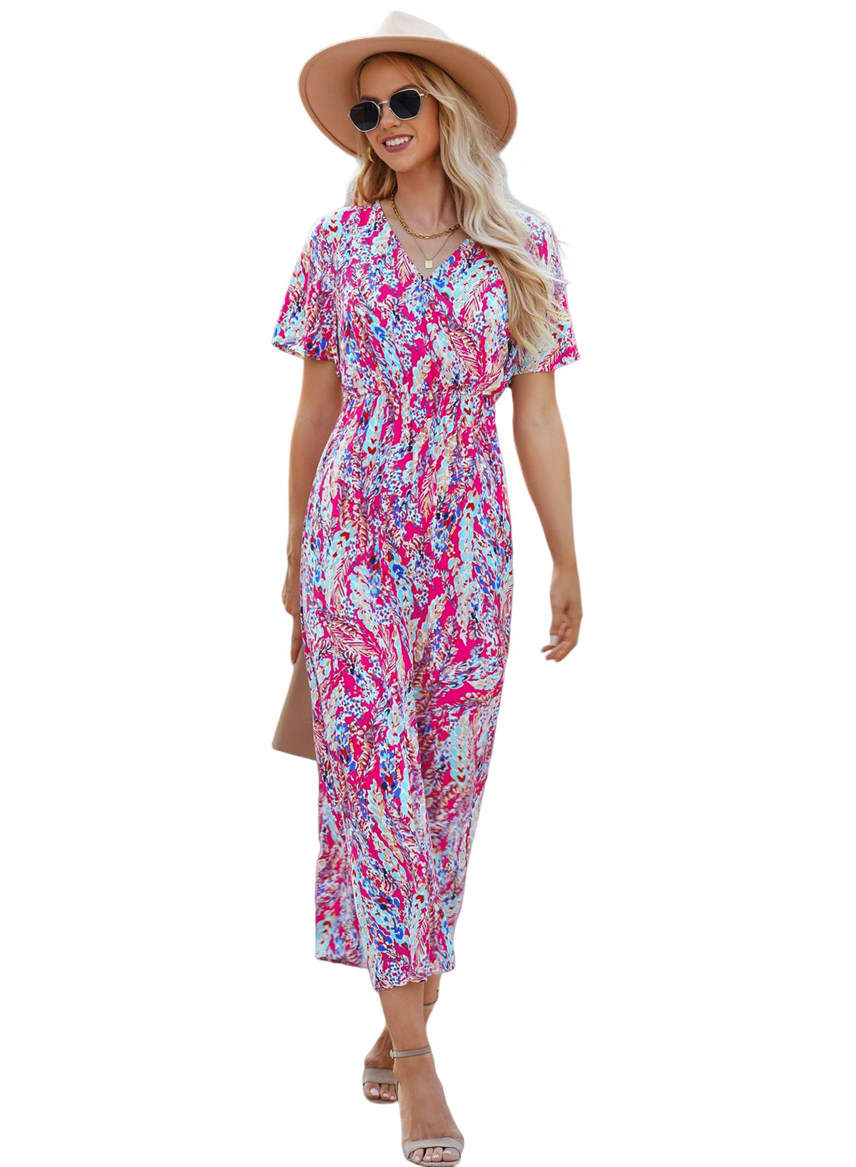 Abstract Print Wrap V Neck Flutter Sleeve Mid Length Dress