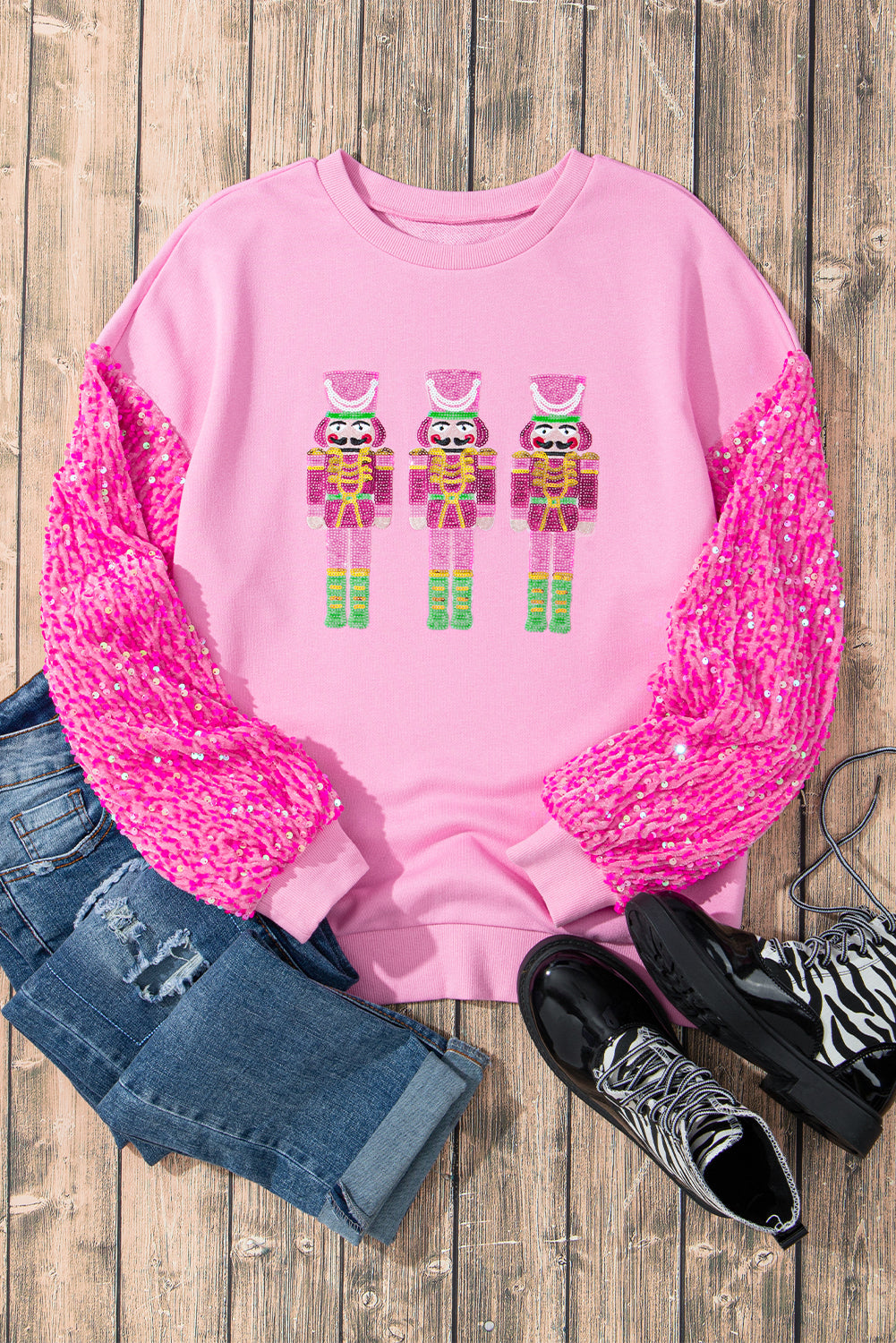 Pink Nutcracker Sequin Sleeve Graphic Sweatshirt