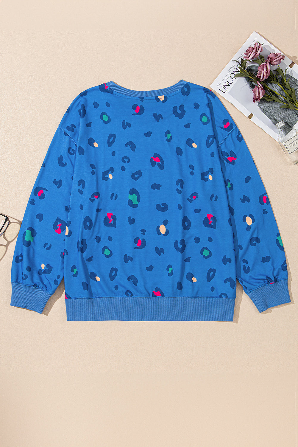 Sky Blue Leopard Drop Shoulder Plus Size Sweatshirt