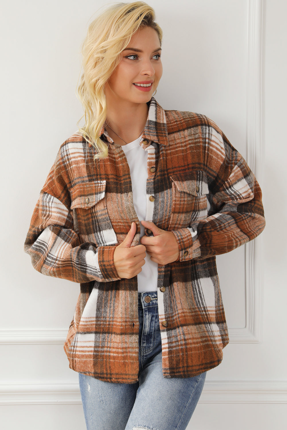 Gold Flame & Grey Plaid Button Up Collared Flannel Shacket