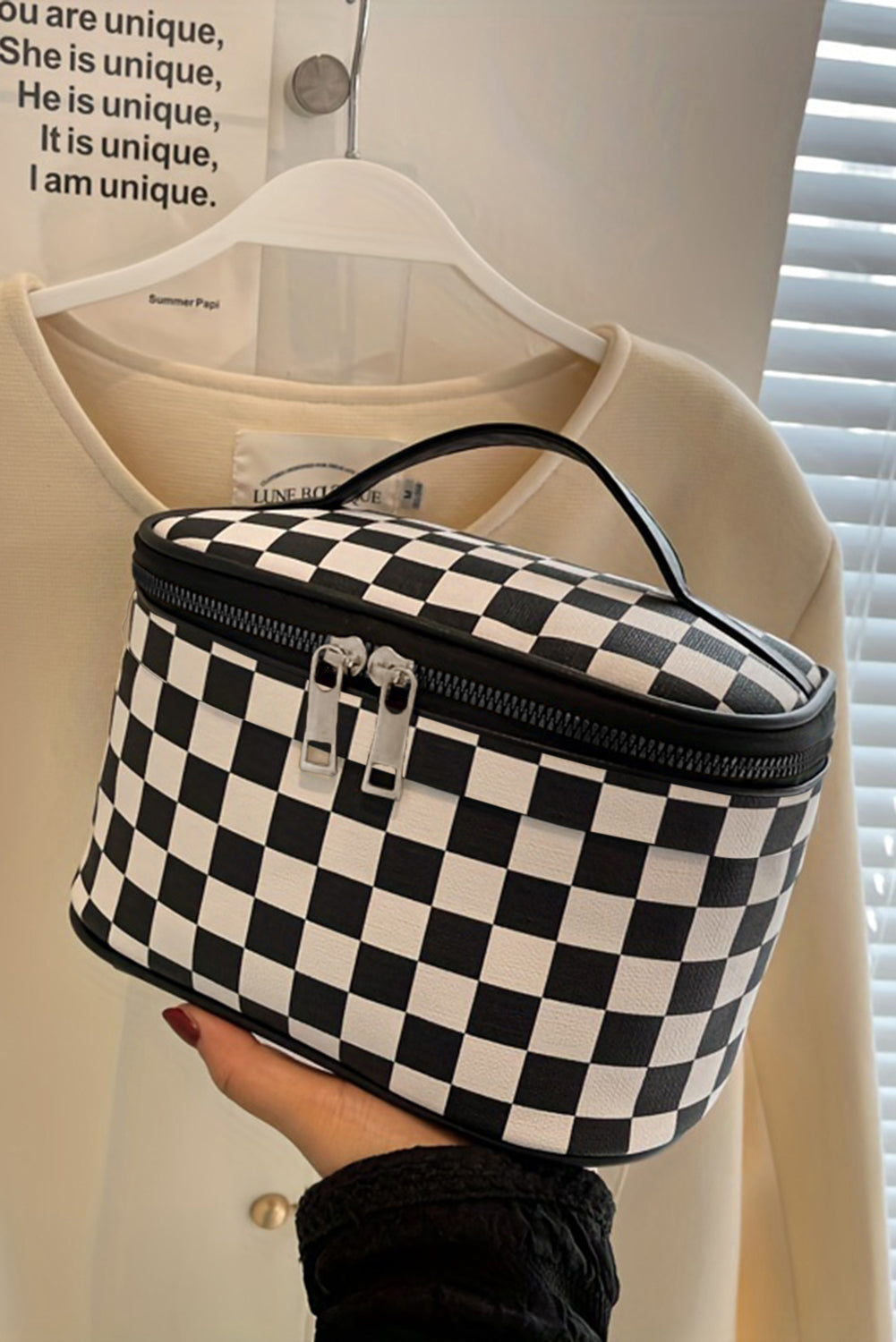 Black Checkered Zipper Large Cosmetic Bag with Handle